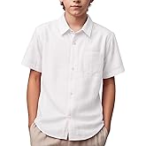 Spring&Gege Boys' Short Sleeve Button Down Shirts Linen Textured Summer Beach Shirt Soild