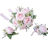 Bride Bouquet Wrist Corsage Groom Boutonniere Wedding Flower Party Decoration (Pink Set)