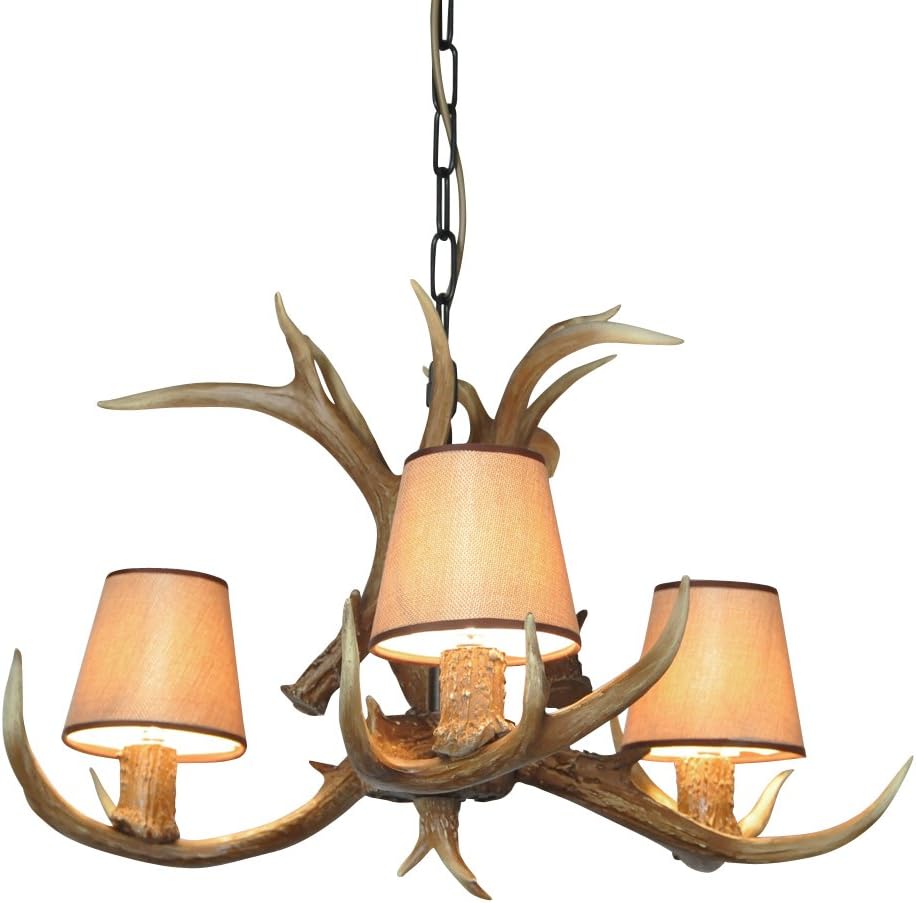 Shengdi Deer Horn E12 BUlb 3-Light Iron Resin Industrial Retro Droplight Pendant lamp Ceiling lamp Ceiling light Chandelier Lighting Fixture for Restaurant Balcony Bedroom lampshade Coffee 1017C-3
