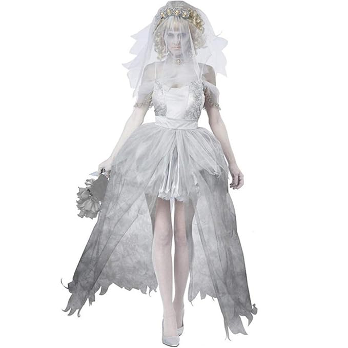 THEE Damen Mädchen Geist Braut Vampir Zombie Kostüm Halloween Cosplay Karneval Fasching Fastzeit (Damen)