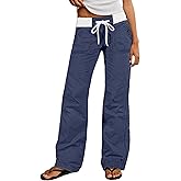 Flamingals Straight Leg Pants for Women Drawstring Waist Mid Rise Casual Solid Seam Detail Pants