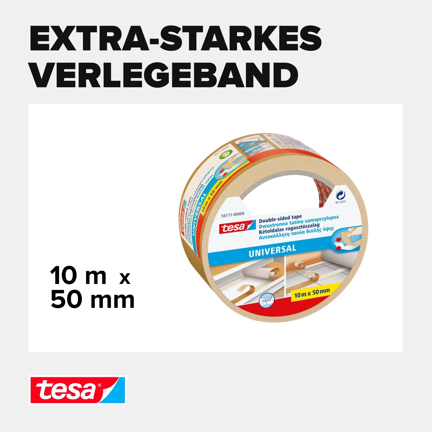 tesa Doppelseitiges Klebeband Universal - Vielseitiges Klebeband für Verpackungen, Deko und Teppiche oder zum Basteln - 10 m x 50 mm 3