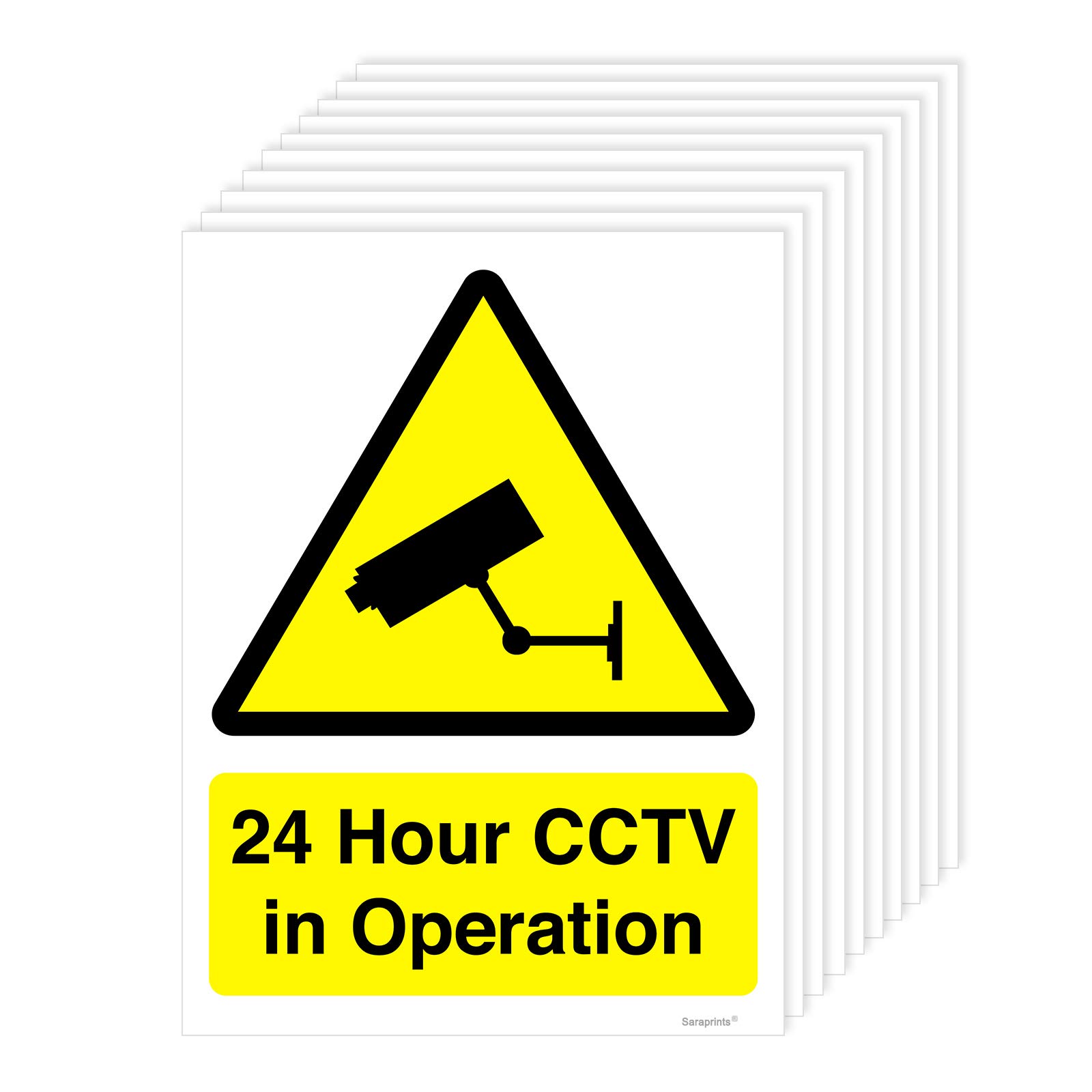 Pack of 10 CCTV Camera Signs Outdoor (150 x 200mm) Self Adhesive Waterproof 24 Hour CCTV Sign Sticker for Surveillance Sara Prints®