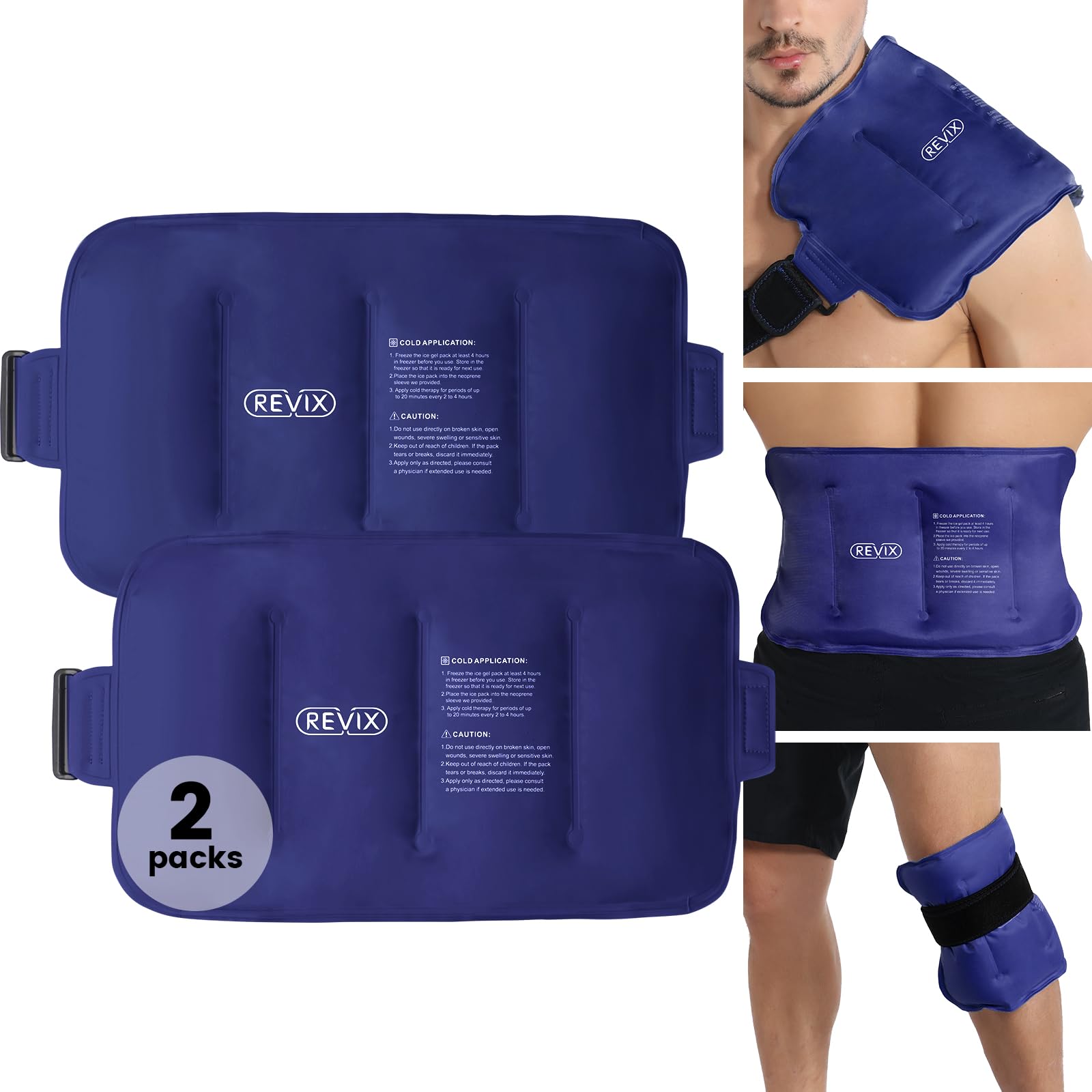 Photo 1 of REVIX Reusable Ice Pack for Back Relief, Soft Plush Lining Gel Cold Packs for Lower Back, Shin, Knee, Hip, Arm, Flexible Cold Compress, 16 × 9 ", 2 Packs