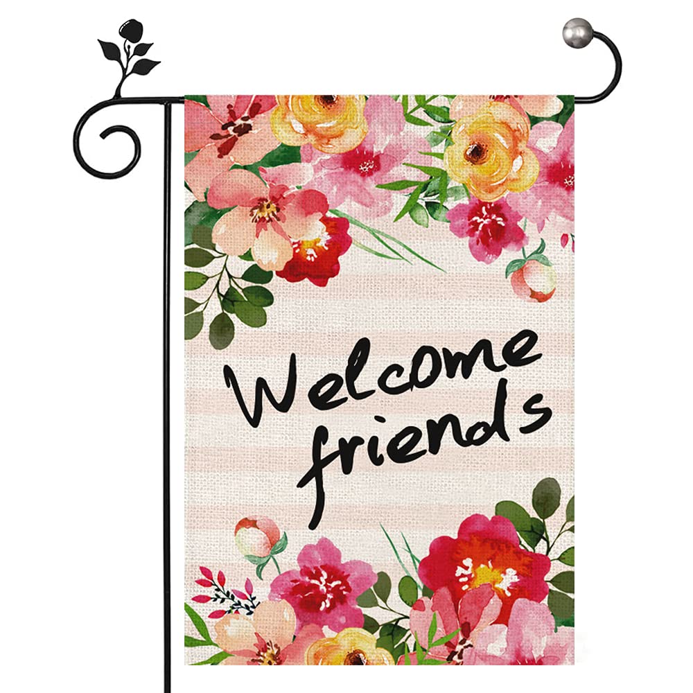 Diyler Spring Flower Garden Flag, Welcome Friends Spring and Summer Flag 12 x 18 Double Sided Burlap Decorations Outdoor Banner Seasonal Outdoor Flag Cute Farmhouse Decor Yard Sign