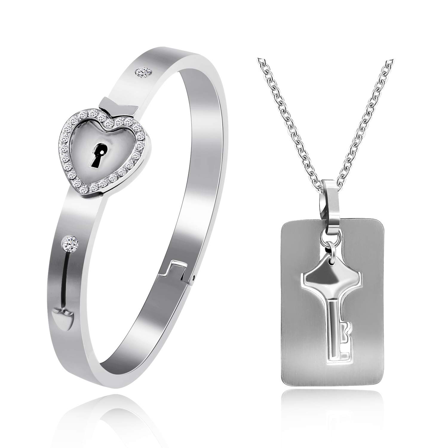 Uloveido Matching Key Pendant Necklace and Lock Bangle Bracelet Set for Couples Women and Men Y474 (White)