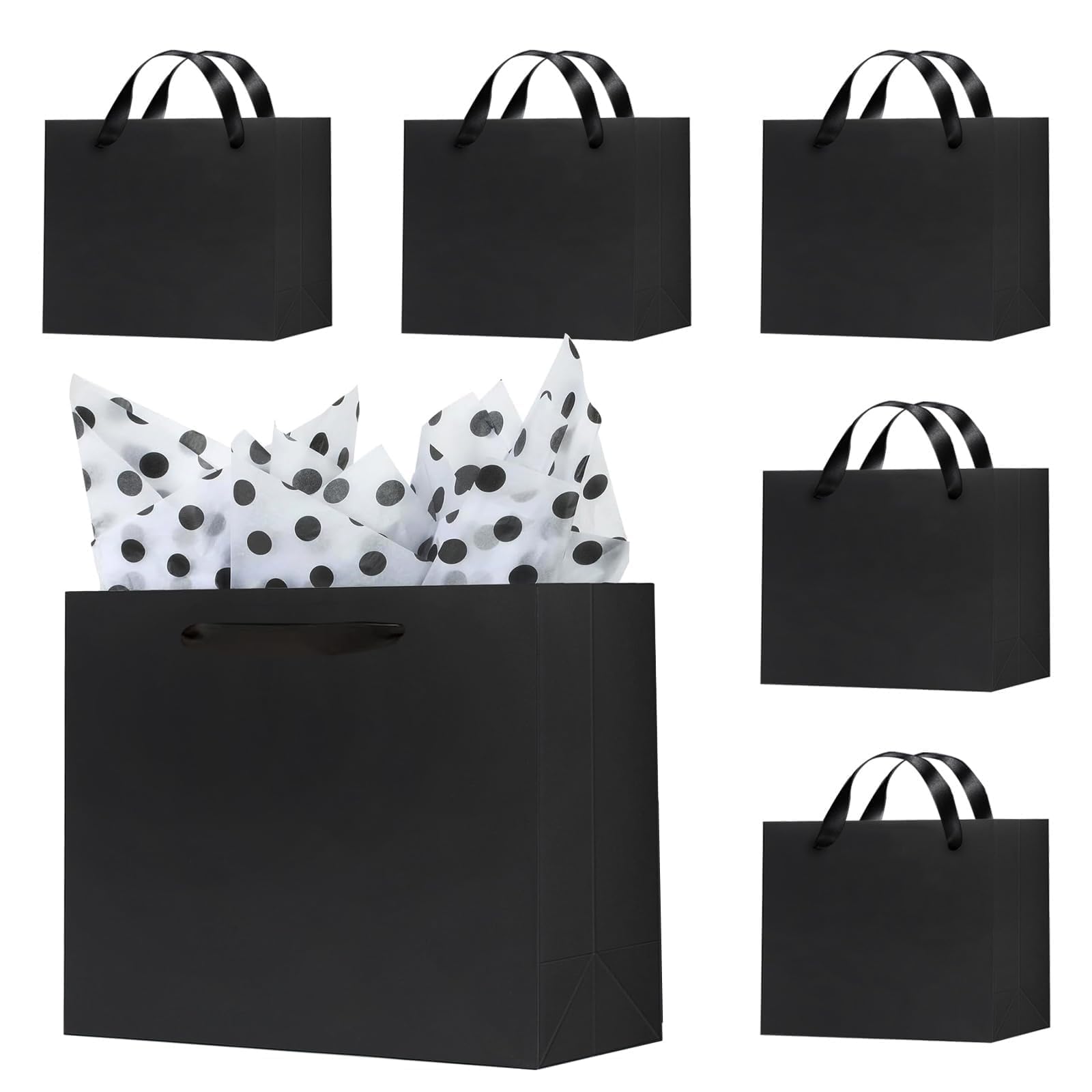 Offizon 6 Pack Black Gift Bags, 8.7x3.9x7.1 Inches Gift Bags Medium Size with Tissue Paper