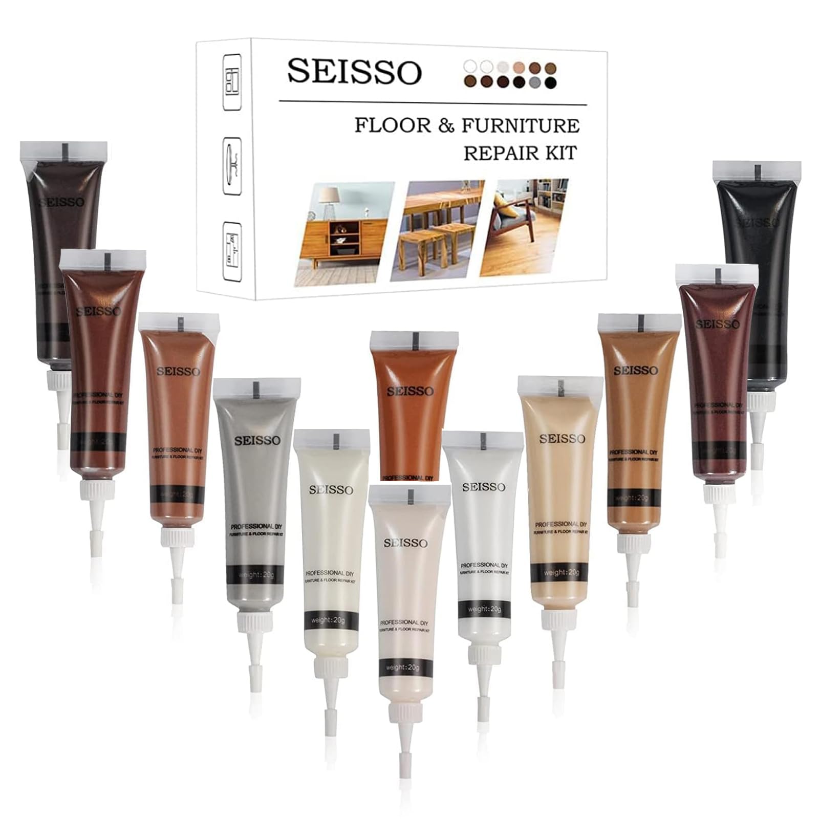 SEISSO Wood Furniture Repair Kit, 12 Colors Wood Filler, Floor Scratch Repair, Touch up Fillers Repair Scratch, Cracks, Discoloration for Wooden Furniture, Table Surfaces, Cabinet, Door, Floor