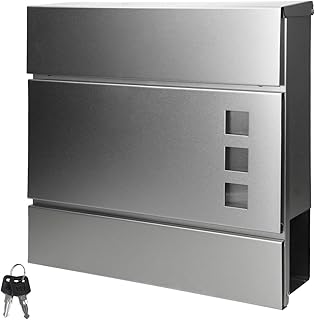 ECD Germany Moderner Design Briefkasten mit Zeitungsfach und Sichtfenster 37 x 10,5 x 36,5 cm aus Edelstahl Silber inkl. 2 Schlüssel, Montagematerial - Wandbriefkasten Postkasten Mailbox Zeitungsrolle