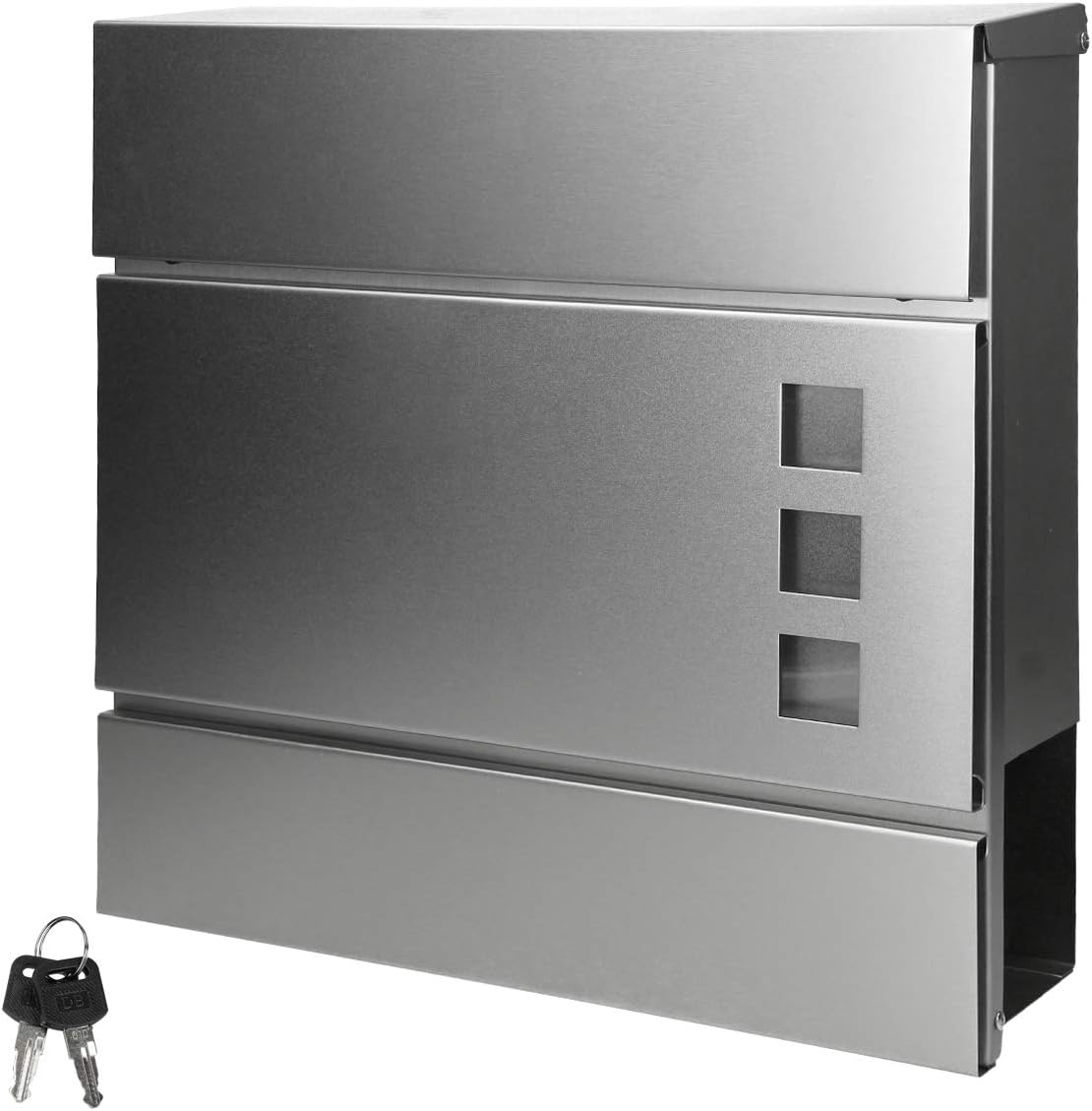 ECD Germany Moderner Design Briefkasten mit Zeitungsfach und Sichtfenster 37 x 10,5 x 36,5 cm aus Edelstahl Silber inkl. 2 Schlüssel, Montagematerial - Wandbriefkasten Postkasten Mailbox Zeitungsrolle