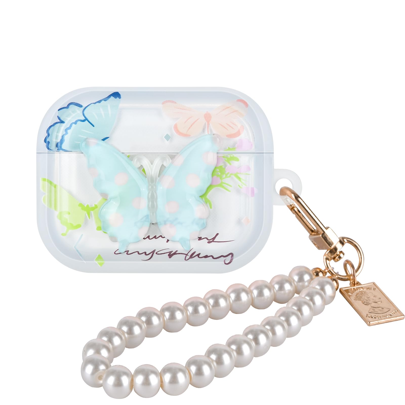 DiyGody for Airpods Pro 2 Case (2022) with Pearl Keychain, 3D Blue Butterfly Lovely Flower Design Protective Soft Shockproof Premium Cover for Airpods Pro 2nd Generation