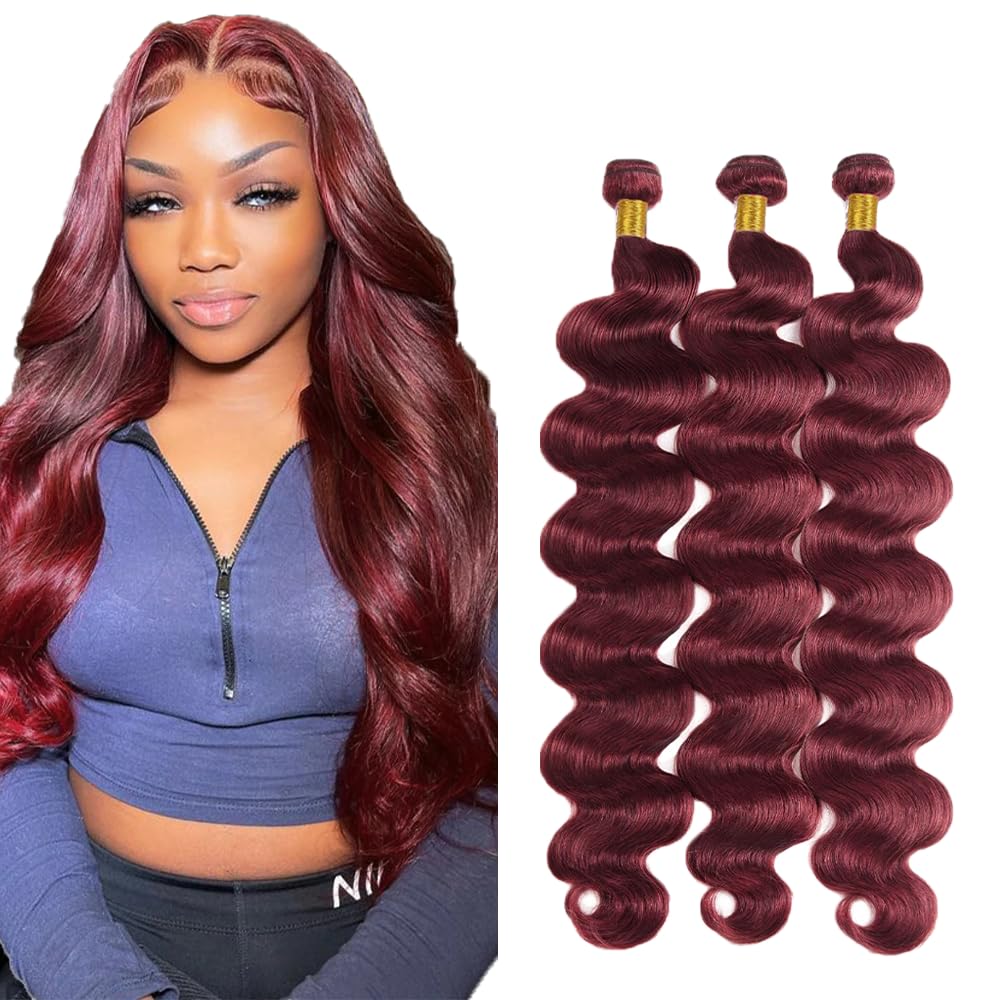 Photo 1 of #99J Wine Red Bundles Human Hair Body Wave Bundles 28 30 32 Inch Burgundy Unprocessed Brazilian Virgin Hair 3 Bundles Deals Quick Weave Hair Extensions 50 Gram Per Bundle