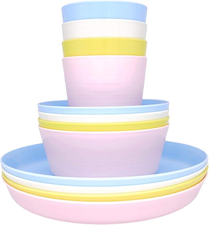 Bloomsworld 12 Piece Plastic Dinnerware Set, Reusable BPA Free 4 Cups