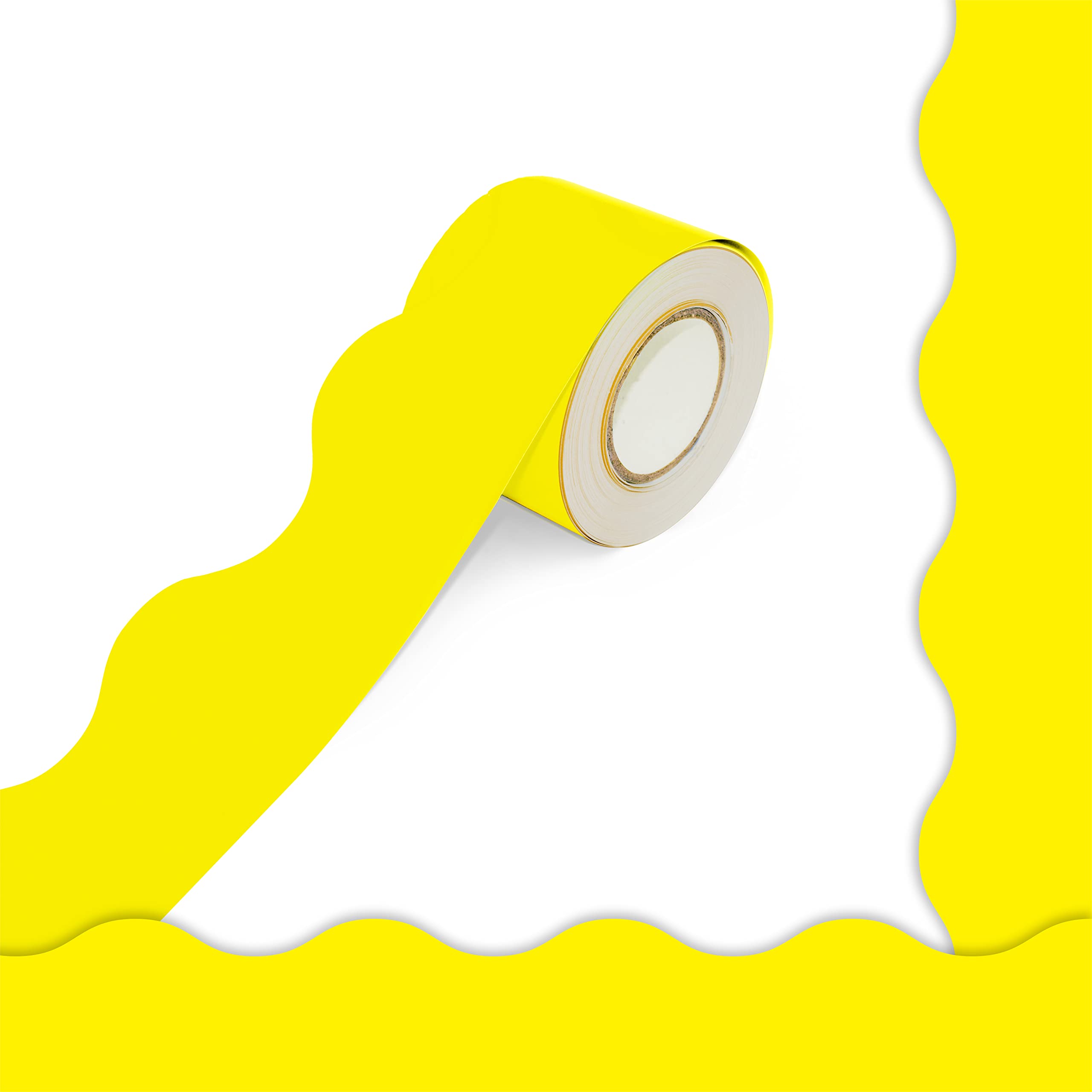 Photo 1 of 60 Feet Bulletin Board Borders, Pure Yellow Scalloped Rolled Border Trim Board Border with Wavy Line Design Decoration for School, Classroom & Offices