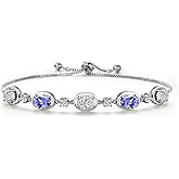 Gem Stone King 925 Sterling Silver White Lab Grown Diamond and Blue Tanzanite Bracelet For Women | 3.60 Cttw | Gemstone April Birthstone | Oval 7X5MM | Fully Adjustable 9 Inch