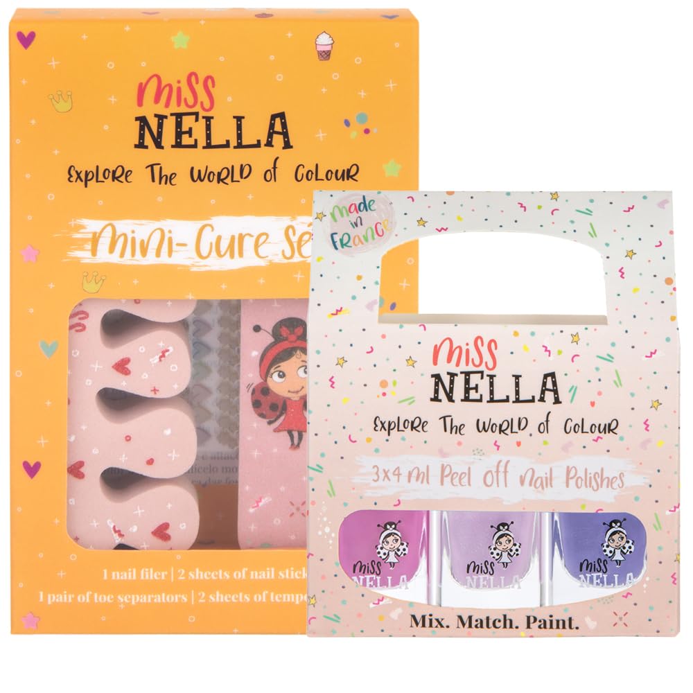 Miss Nella NAIL KIT & Purple Unicorn- Nail accessories for kids- 3 peel off nail polish, nail stickers, tattoos, nail filer & toe separators- all designed foe children hands & toes