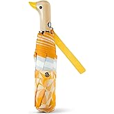 Natuquebrela Cute Duck Umbrella Automatic - Compact Pretty Pocket Size Strong Duck Collapsible Umbrella Yellow Wooden Handle for Women