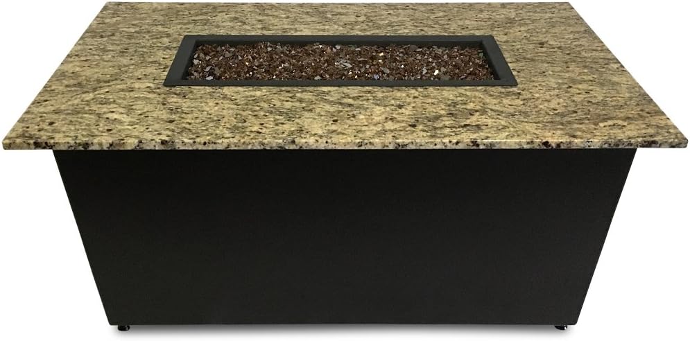 Monaco Fire Pit Table - 32" x 50" Rectangle - Santa Cecilia Granite - Bronze Base Enclosure - Copper Fire Glass - Made in America