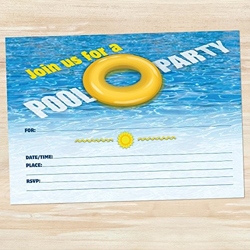 Yellow Ring Float Summer Pool Party Invitations, Set of 10 Fill-in Style Blank 5"x7" Invites and Envelopes