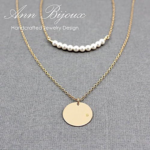 Custom Hand Stamped Initial Necklace, Delicate Fresh Water Pearl Necklace, layered Necklace, Gold Filled Layering Necklace, Mommy Gift