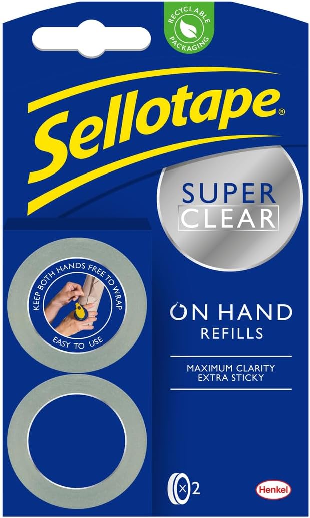 Sellotape On-Hand Refills 18mm x 15m Pack of 2 Extra Sticky Clear Tape