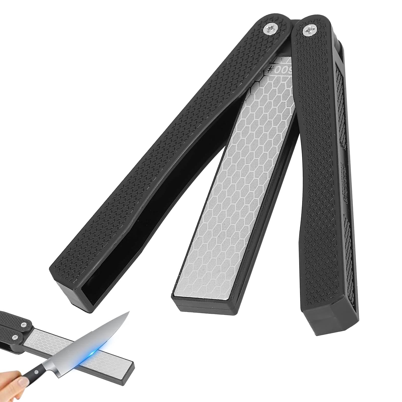Whetstone Knife Sharpener, 400/600 Grit Handheld Double Sided Sharpening Stone Folding Pocket Diamond Whetstone Scissor Garden Tool Sharpener Sharpening Secateurs for Kitchen Garden (Black)