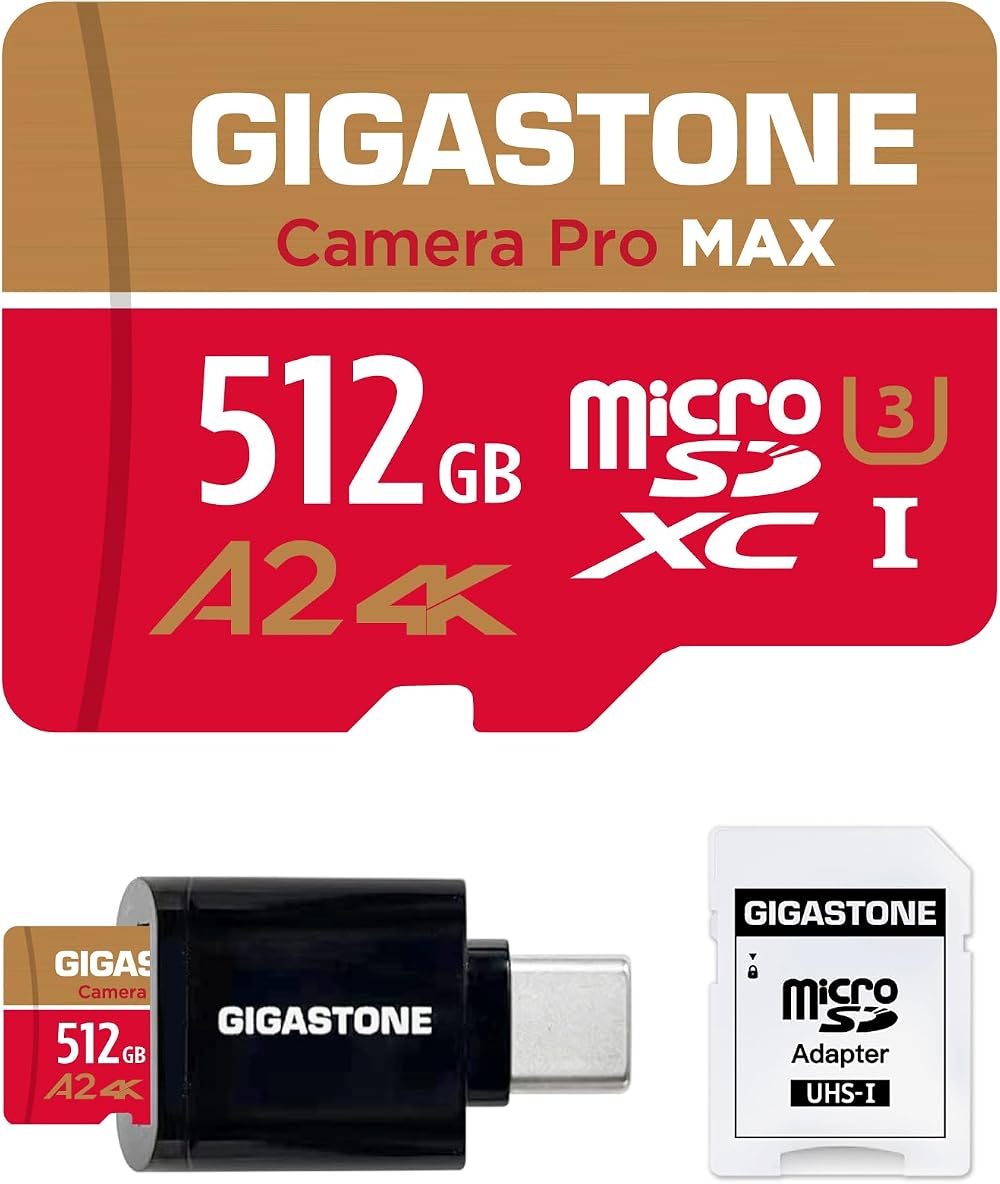 Gigastone 512GB Micro SD Card A2 V30 + USB C Reader for GoPro 4K Camera UHD