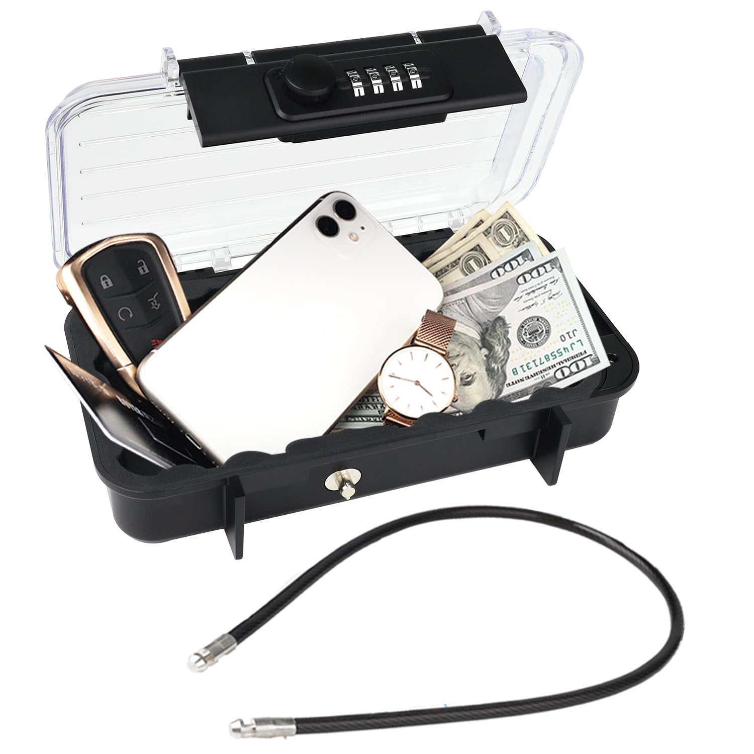 NBYT portable safe, money box, beach safe, beach valuables safe, code changeable, detachable wire rope, waterproof and anti-theft, used in hotels, sports venues, travel and vacation (Transparent)