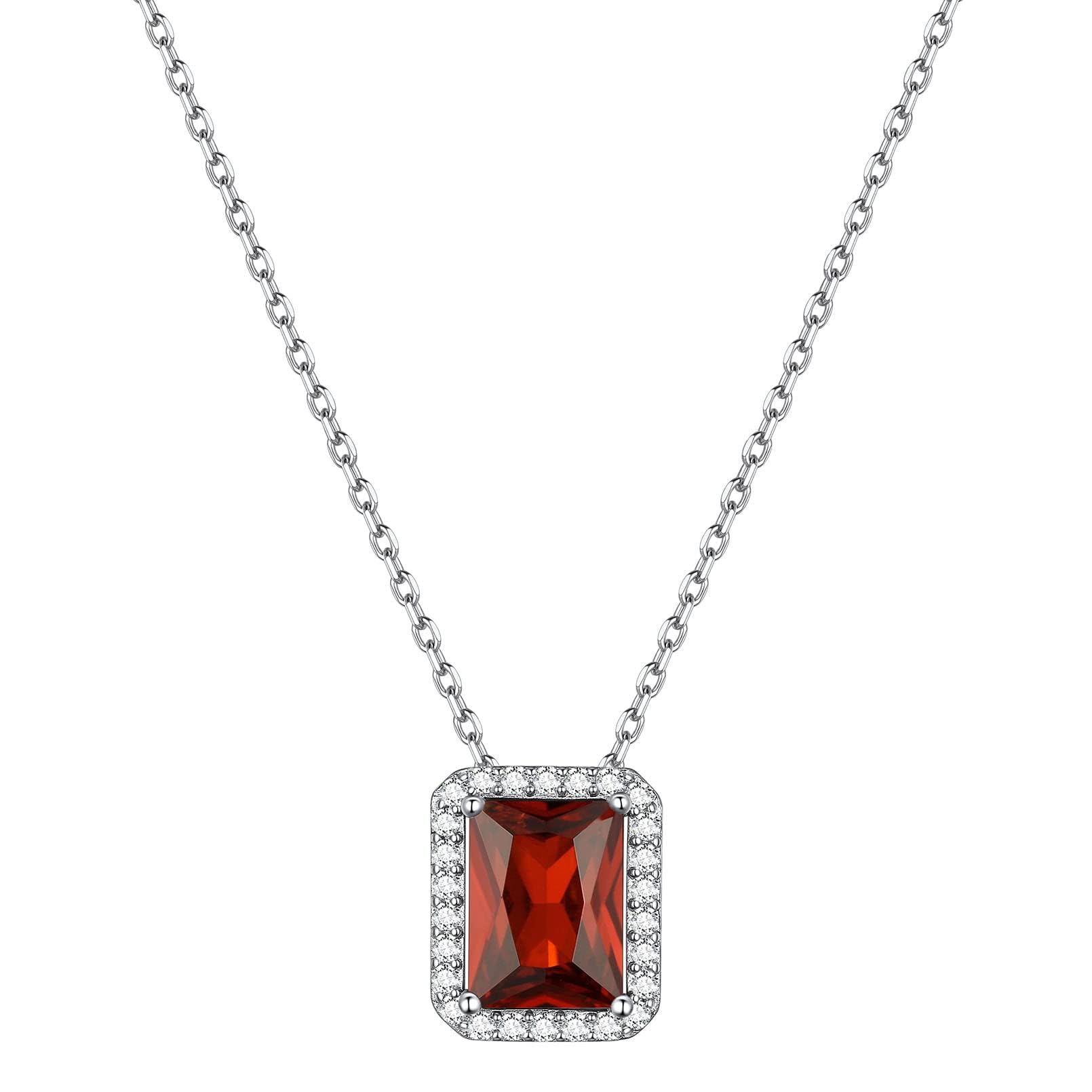 ChicSilver 925 Sterling Silver Square Birthstone Pendant Necklace for July Women Brilliant Simulated Ruby Birthday Jewelry