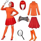 casapre Halloween 7-Piece Velma Costume Women Outfit Women Character Costume Set,Classic Movie Costumes