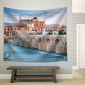 Roman Bridge and Guadalquivir River, Great Mosque, Cordoba, Spain - Fabric Wall Tapestry Home Decor - 51x60 inches