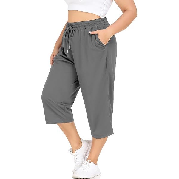 Plus Size Capri Joggers For Women With Pockets Drawstring Elastic Waist Cinch Bottom