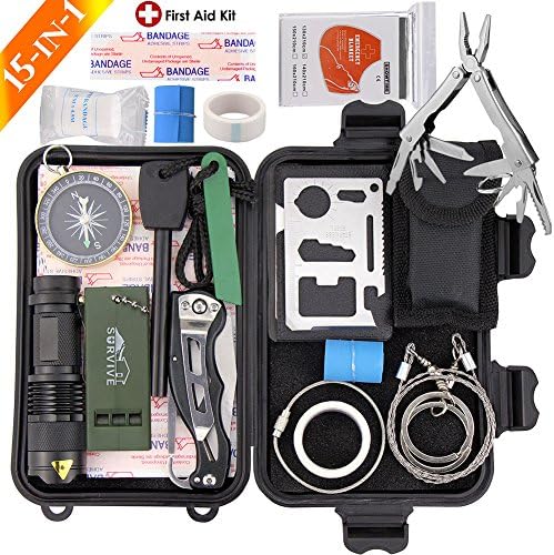 Monoki Emergency Survival Kit, 15-In-1 Outdoor Survival Gear Safety First Aid Kit - Portable EDC Emergency Survival Multi Tools Set for Home Car Camping Hiking Hunting Climbing Wilderness Adventures