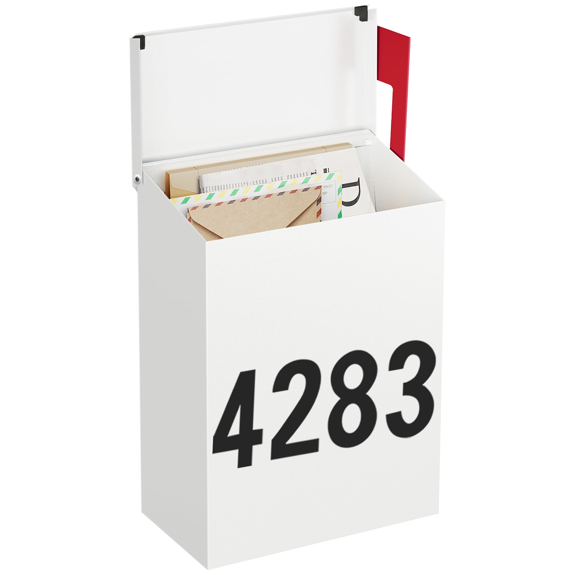 LAND·VOI Wall-Mount Mailbox with One Flag Kit and Three Sets of 0-9 Mailbox Number Stickers, Mailboxes for Outside, Galvanized Steel Rust-Proof Metal Post Box, 7.1"x3.9"x10.24", Textured White AMB05W Image