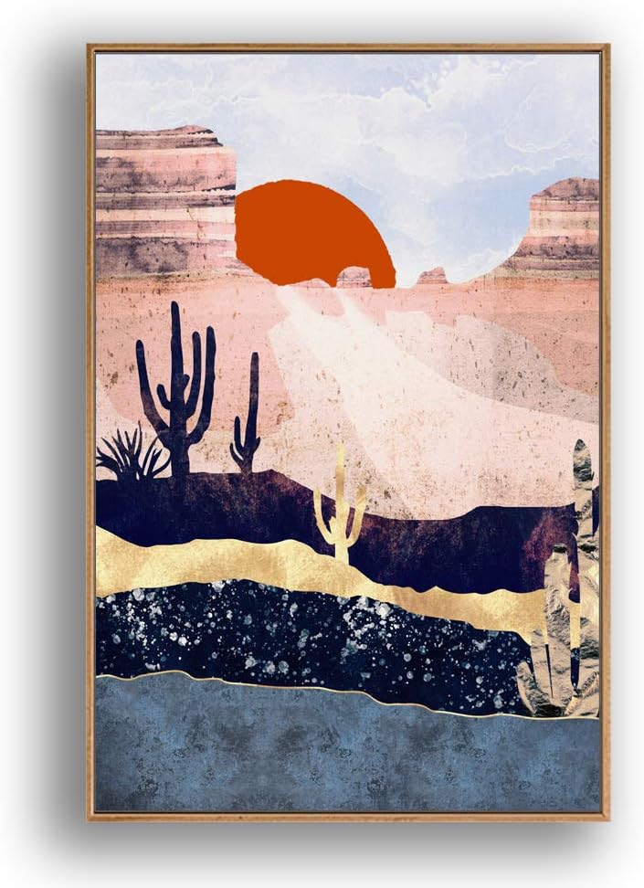 SIGNFORD Framed Canvas Print Wall Art Pink Desert Landscape with Cacti & Red Sun Abstract Wilderness Digital Art Modern Art Southwest Colorful for Living Room, Bedroom, Office - 16"x24" Natural
