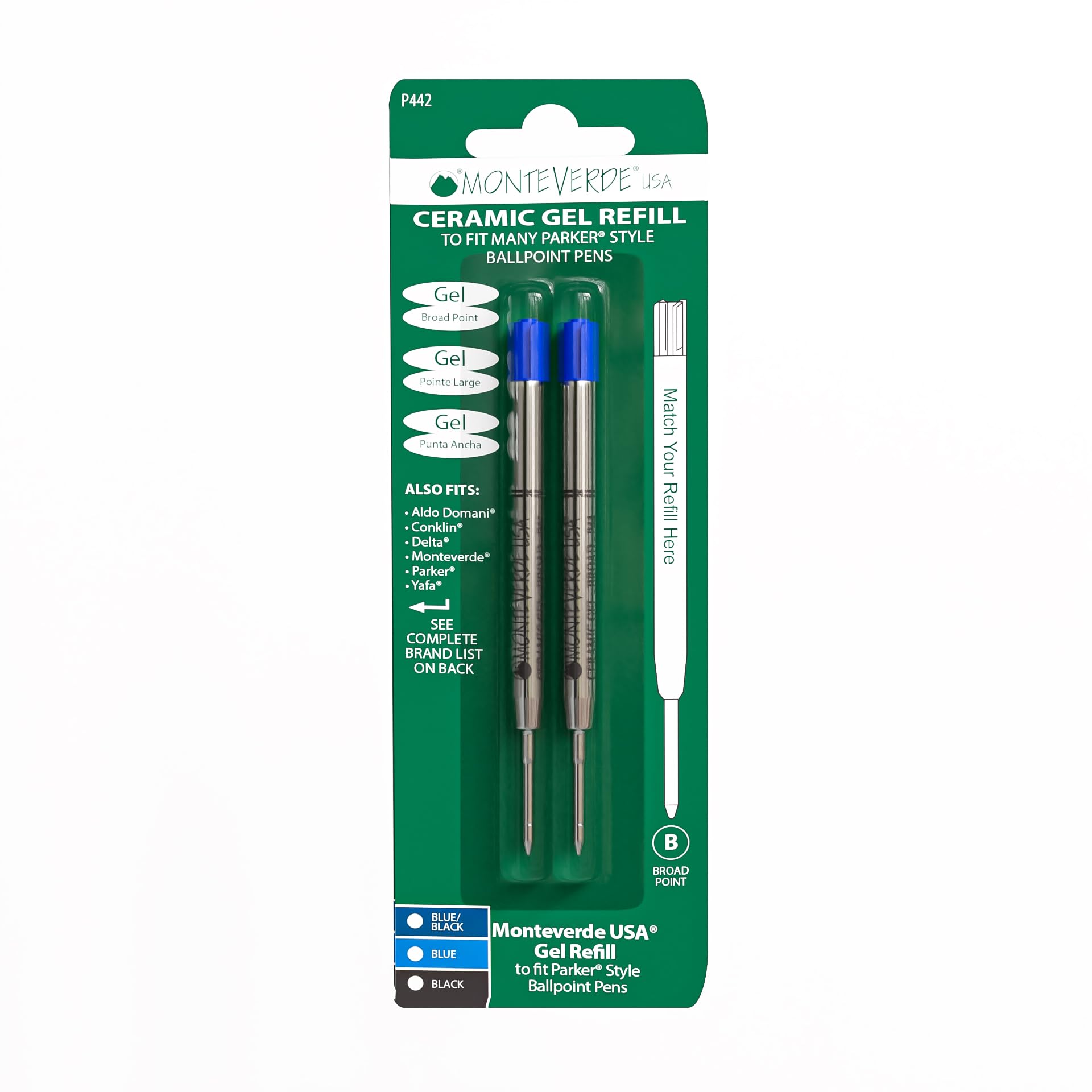 Monteverde Broad Point Capless Ceramic Gel Refill for Parker Ballpoint Pens - Blue (Pack of 2)