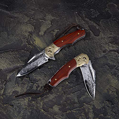 NEWOOTZ Handmade Damascus Folding Pocket Knife with Leather Sheath