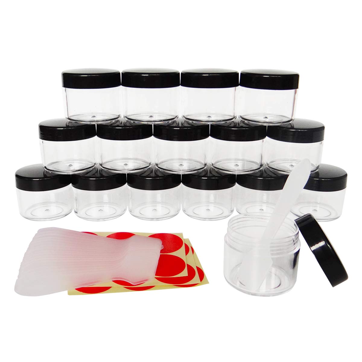 Wopanxye 16pcs 20ml Small Travel Sample Jars, 20 Gram Empty Refillable Cosmetic Container Tin, Plastic Round Pot BLACK Screw Cap Lid, Tiny 20g Bottle for Makeup Eyeshadow Nails Powder Cream Essence