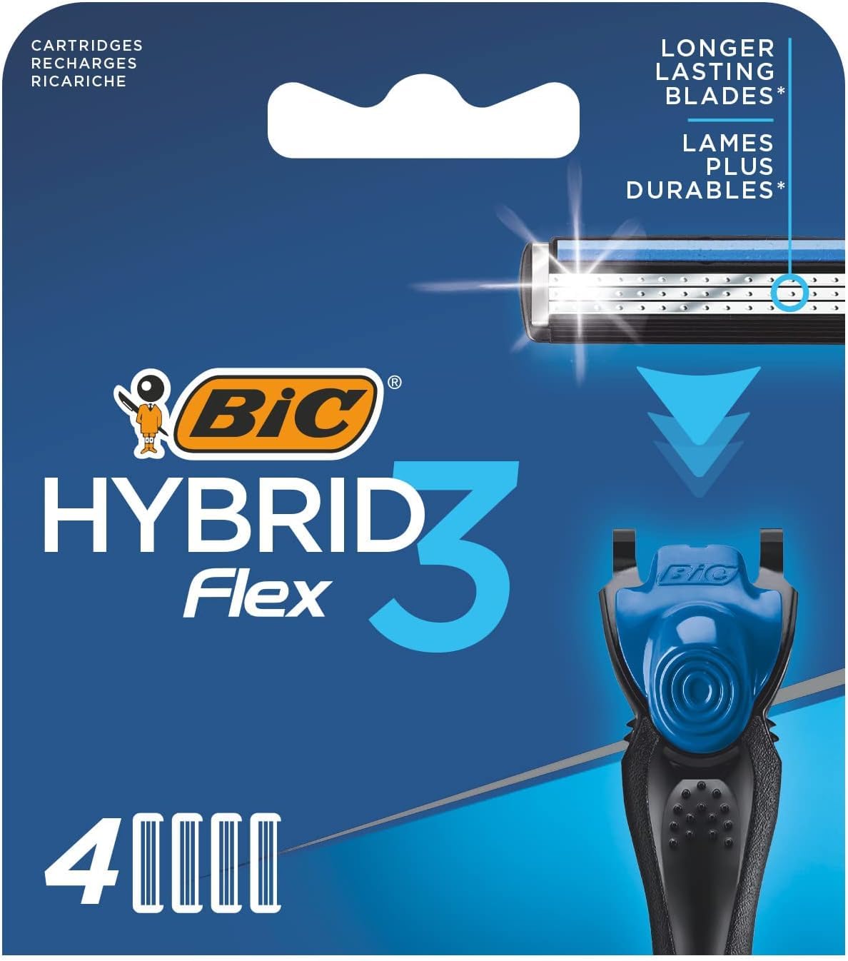 BIC Hybrid 3 Flex Men's Razor Refills with 3 Nano-Tech Titanium Moveable Blades - Box of 4 Cartridges