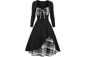 RDEGOOCHA Holiday Dresses for Women Vintage 1950s Plaid Dress Retro Cocktail Party Swing Dresses Bowtie Front Formal Long Sleeve Dress