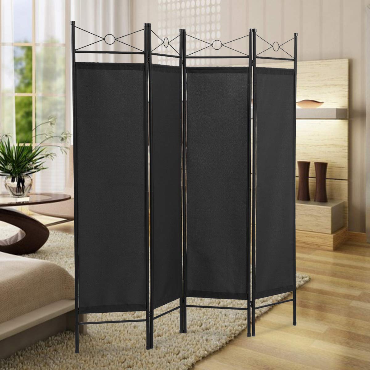 Sandinrayli 4-Panel Steel Room Divider Screen Fabric Folding Partition Home Office Privacy Screen, Black: Industrial & Scientific