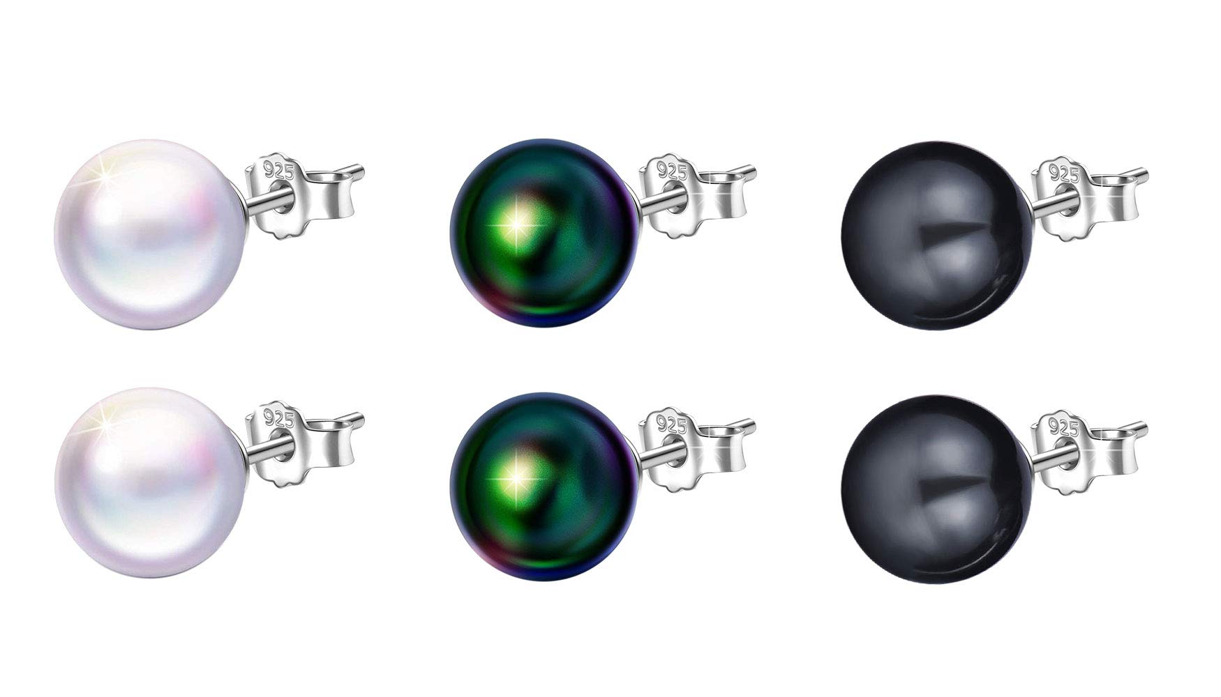 3 Pairs Simulated Freshwater Pearl Stud Earrings Set in White, Grey, Green Size 8mm