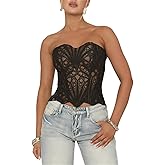 Alyweatry Women Lace Floral Corset Top Strapless Sexy Textured Semi-Sheer Floral Lace-Up Going Out Bustier Top
