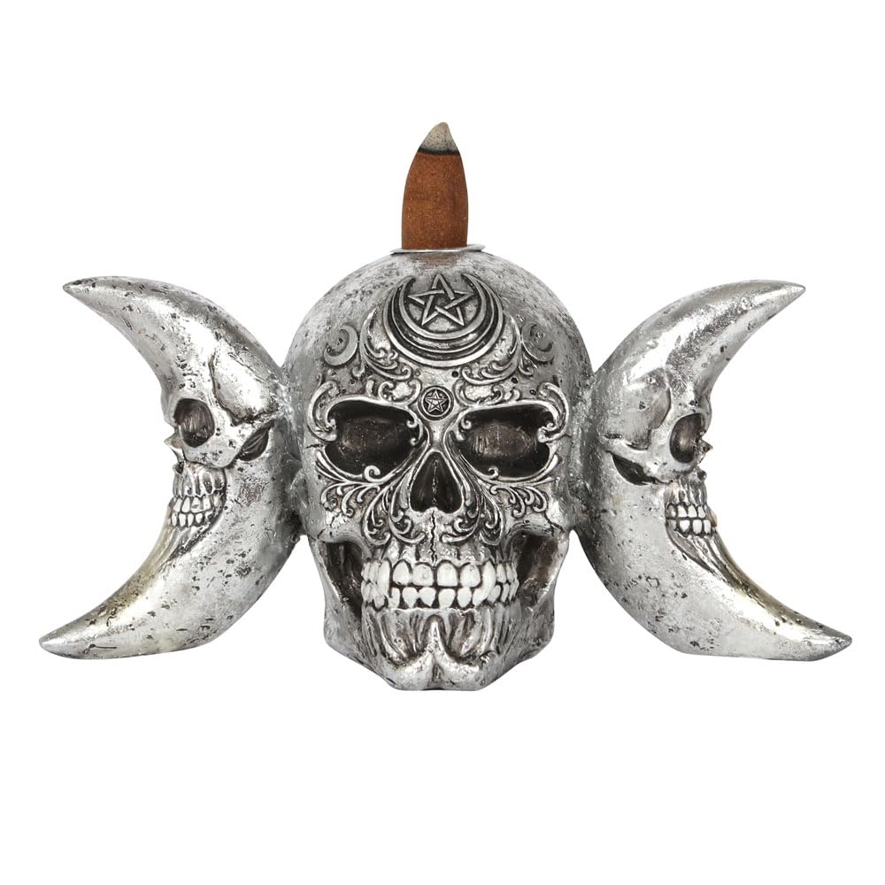 Mesmerizing Alchemy Gothic Dark Goddess Backflow Incense Burner - 9.5cm x 18cm (1 Pc.) - Detailed Silver Triple Moon Skull Design - Ideal for Artistic Home Decor