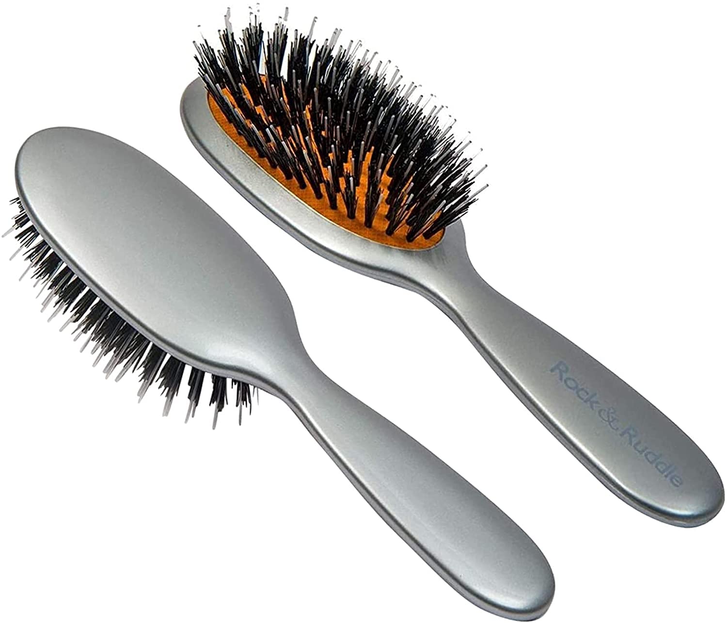 Rock & Ruddle Natural Mixed Boar Bristle Hair Brush for Women and Kids (Small/Travel Size, 17.5cm) - Perfect for Wet or Dry Hair, Detangling Smoothing Blowdrying - Made in UK - Silver Design