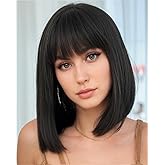 YYHR BLunt Cut Bob Wig With Bangs 14" Shoulder Length Yaki Straight Synthetic Hair Wigs Black Bob Daily Costume Wig Hair Replacement Wigs (14Inch,1B)