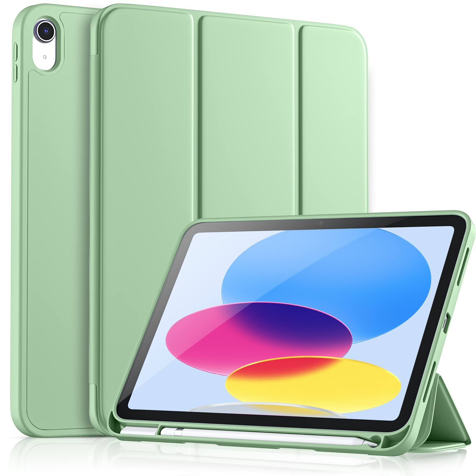 Vobafe Case for iPad (A16) 11th 10th Generation Case (Model: 2025/2022, 11/10.9 Inch), Flexible TPU Back & Trifold Stand, Protective Cover with Pencil Holder, Auto Wake/Sleep, Matcha Green