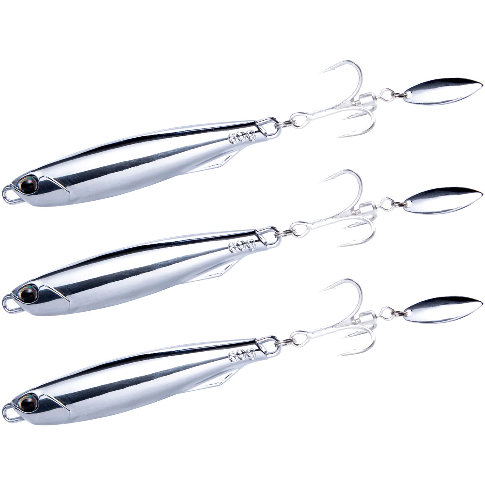 Dr.Fish 3pcs Sea Fishing Lure Vertical Diamond Jigging Spoons 60g for Mackerel Cod Bass Pike Sea Fishing Tackle with Treble Hooks Casting Fishing Spinners Metal Jigs(Willow Blade)