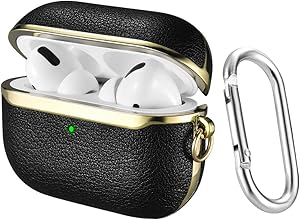 AirPods Pro Case Cover, ICARERSPACE Portable Black Leather Cover Case with Carabiner for Apple AirPods Pro Airpods 3 Charging Case [Front LED Visible] [Support Wireless Charging] - Gold Plated