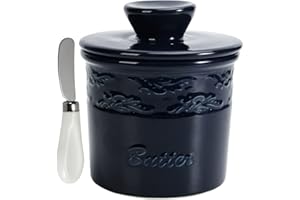 TAOUNOA Butter Dish with Lid - Butter Crock for Counter with Water Ceramic French Butter Keeper with Stainless Steel Knife Covered Butter Holder for Kitchen, Navy